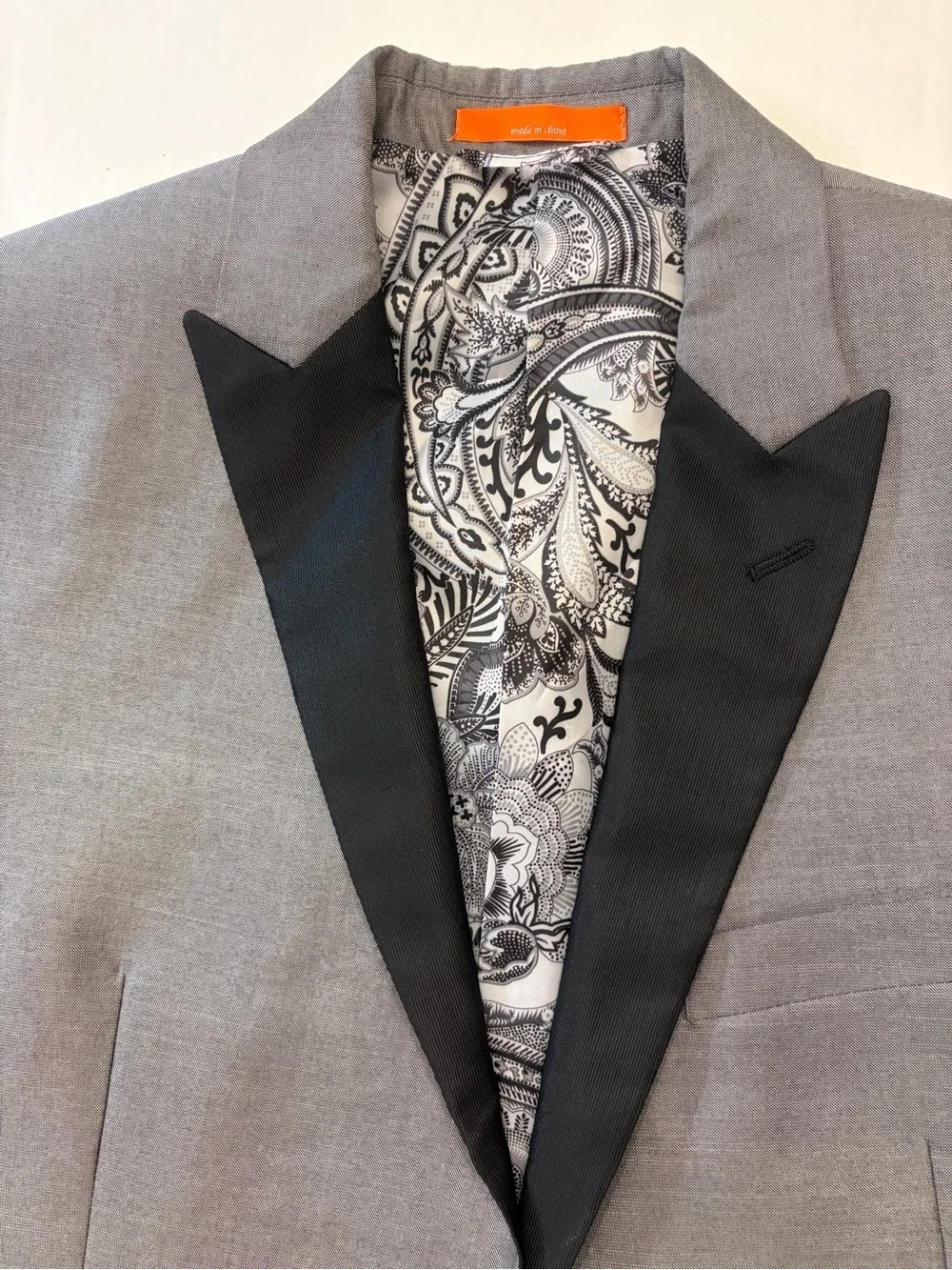 TALLIA Metallic Silver-Gray Tuxedo Jacket with Black Satin Peak Lapel